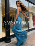 One Shoulder Sequin Trumpet Mermaid Blue Beading Prom Dress