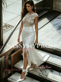 Scoop Lace Sheath Column Tulle Wedding Dress With Slit