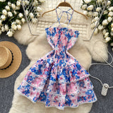 Vibrant Pink Blue Hues Floral Ruffle Dress