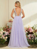 Backless V Neck Lavender Lace Appliques Prom Dress With Slit