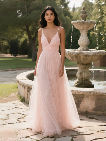 Spaghetti Straps V Neck Pink A Line Tulle Prom Dress