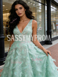 Green Feather Sequin A Line Tulle Prom Dress