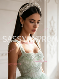 Green Ball Gown Sequin Strap Tulle Ruffles Prom Dress