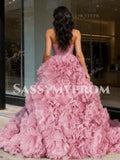 Ruffles Tulle Ball Gown Pink Strapless Prom Dress