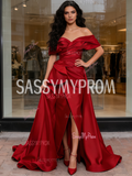 Satin A Line Ruffles Red Off The Shoulder Prom Dress With Slit