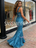 One Shoulder Sequin Trumpet Mermaid Blue Beading Prom Dress