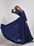 Navy Bow V Neck Velvet Long Sleeve Prom Dress