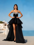 Black Tulle Beading A Line High Low Prom Dress