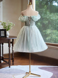 Tulle Beading Flower A-Line Off The Shoulder Mint Homecoming Dress