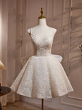 V Neck Lace Ivory Beading Homecoming Dress With Bowknot