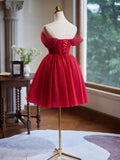 Beading Tulle Burgundy A-Line Off Shoulder Homecoming Dress