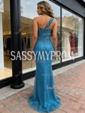 One Shoulder Sequin Trumpet Mermaid Blue Beading Prom Dress