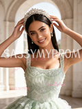 Green Ball Gown Sequin Strap Tulle Ruffles Prom Dress