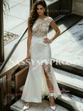 Scoop Lace Sheath Column Tulle Wedding Dress With Slit