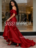 Satin A Line Ruffles Red Off The Shoulder Prom Dress With Slit