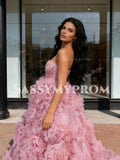 Ruffles Tulle Ball Gown Pink Strapless Prom Dress