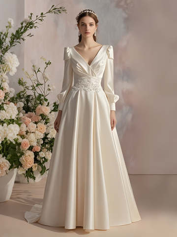 V Neck Satin Appliques Long Sleeve Beading Wedding Dress