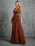 Simple Brown V Neck Chiffon Belt Prom Dress