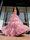Ruffles Tulle Ball Gown Pink Strapless Prom Dress
