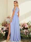 Chiffon Tassel Blue Cap Sleeve Prom Dress With Slit