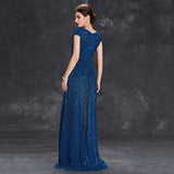 Cap Sleeve Sequin Blue Ruched V Neck Prom Dress