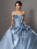 Ruched A Line Flower Blue Satin Prom Dress