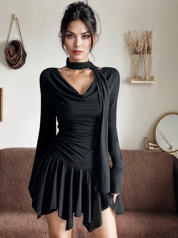 Long Sleeve Short Mini Flattering Black Dress