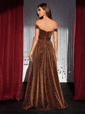 Sexy Brown A Line Off The Shoulder Prom Dress With Slit