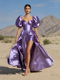 Sweetheart Satin Lavender A Line Puffy Prom Dress With Slit