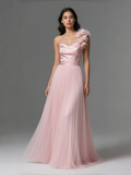 One Shoulder Flower Satin Chiffon Pleats Pink Prom Dress
