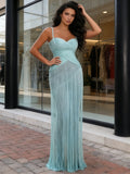 Ruched Tulle Sheath Column Mint Spaghetti Straps Prom Dress