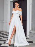 Ruched A Line Off The Shoulder Wedding Dress With Slit