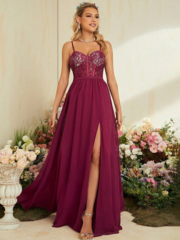 A Line Sheer Lace Burgundy Chiffon Prom Dress With Slit