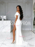 Satin Tulle Trumpet Mermaid Off The Shoulder Wedding Dress With Slit