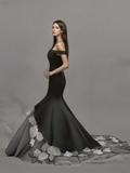 Off The Shoulder Trumpet Mermaid Satin Black Satin Prom Dress