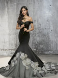 Off The Shoulder Trumpet Mermaid Satin Black Satin Prom Dress