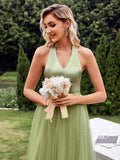 Tulle Sequin Backless Halter Green Prom Dress