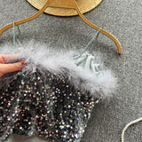 Feather Embellishment Black Sequin Crop Top