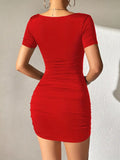 Red Bodycon Drawstring Cut Out Club Dress