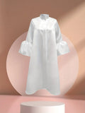 White Casual Mock Neck Loose 3/4 Sleeve Midi Dress