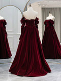 Long Sleeve Beading Ruby Red Velvet Prom Dress