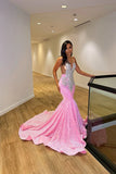 Pink Sequins V-Neck Beading Mermaid Prom Dress