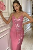 Pink Sequin Sheath Column Prom Dress With Slit