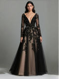 Long Sleeves Tulle Black Black Beading Wedding Dress