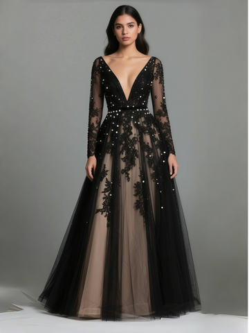 Long Sleeves Tulle Black Black Beading Wedding Dress