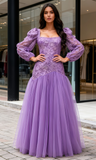Long Sleeve Tulle Purple Square A Line Prom Dress