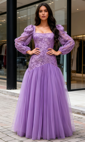Long Sleeve Tulle Purple Square A Line Prom Dress
