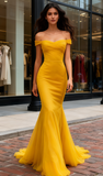 Tulle Trumpet Mermaid Yellow Off The Shoulder Prom Dress