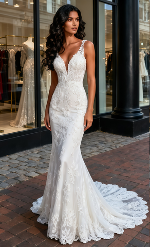 Deep V Neck Lace Trumpet Mermaid Wedding Dress