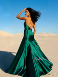 Satin Spaghetti Straps Dark Green A Line Prom Dress With Pockets